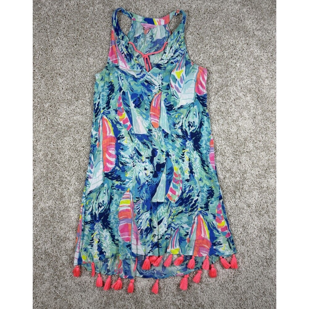 Lilly Pulitzer XS Tropical Print Tassel Cover Up Dress Sleeveless Rayon